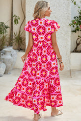 Strawberry Pink Abstract Print Pleated Flounce Sleeve Maxi Dress